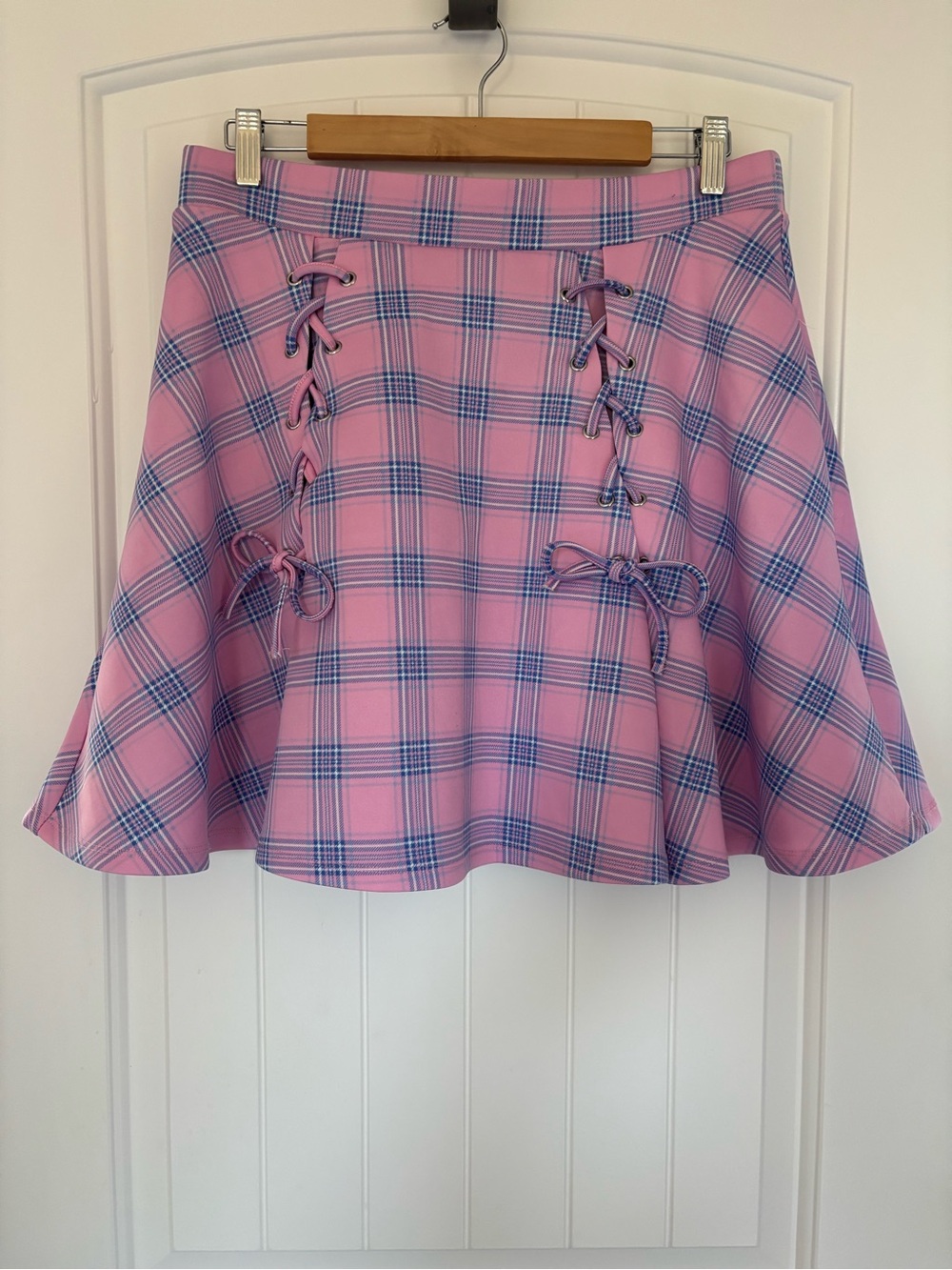 Pink Plaid Lace-Up A-Line Skirt